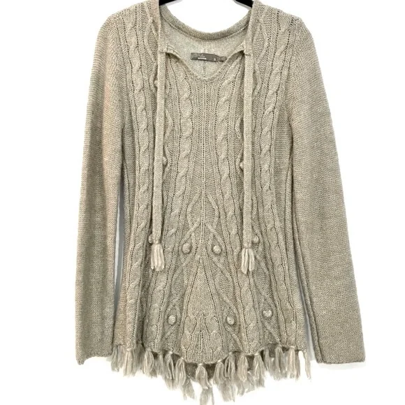 Prana Shelby Gray Cable Knit Fringe Wool Blend Sweater Tie Poncho Soft Small - Picture 3 of 10